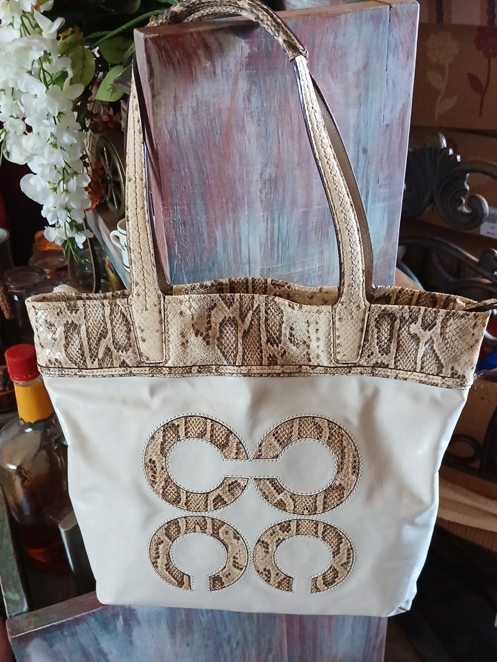 Coach Cream Tote with Snake-Print Trim